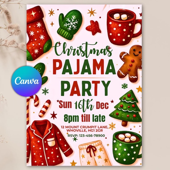 Christmas Pajama Party Invitation, Pajama Invitation, Christmas Party Invitation, Holiday Party Invite, Xmas Party, Editable Canva Template