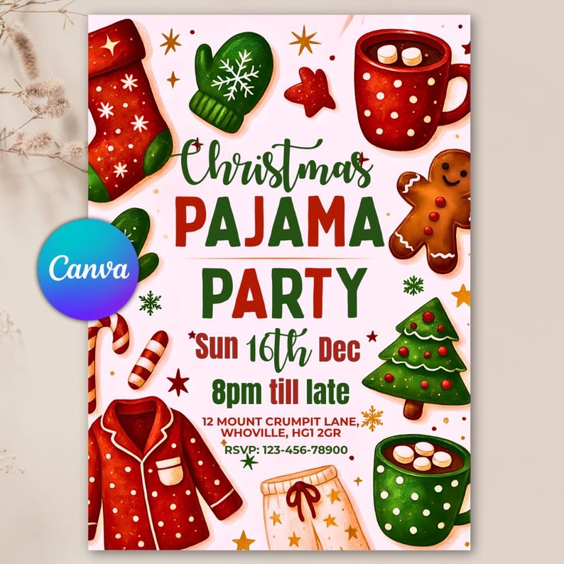 Christmas Pajama Party Invitation, Pajama Invitation, Christmas Party Invitation, Holiday Party Invite, Xmas Party, Editable Canva Template