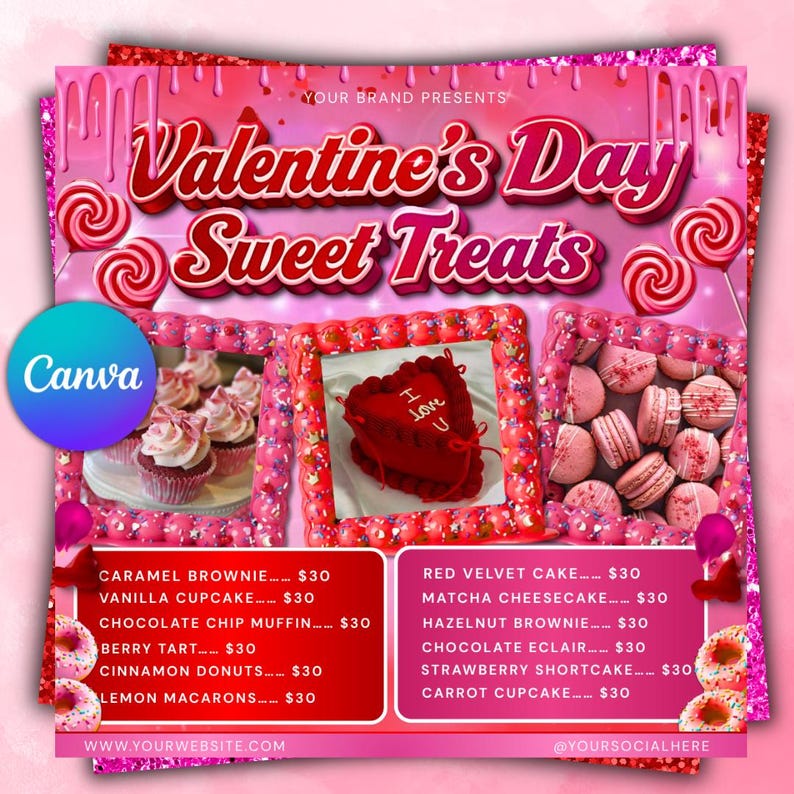 Valentines Day Bakery Flyer, Sweet Treats Flyer, Pastry Flyer, Valentines Dessert Flyer, Baking Shop Flyer, February Flyer