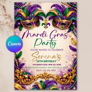 May include: Mardi Gras party invitation with a purple, gold, and green color scheme. The invitation features two decorative masks with feathers, the text "Mardi Gras Party", and details for Serena's 25th birthday celebration.