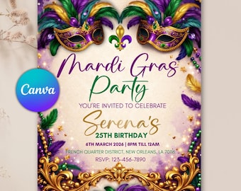 Mardi Gras Invitation, Masquerade Party Invitation, Mardi Gras Themed Invite, Masquerade Ball Invitation, Mardi Gras Birthday Canva Template
