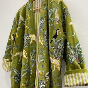 Cotton Velvet Kimono Robe: Tiger Print, Green Lined Bath Gown
