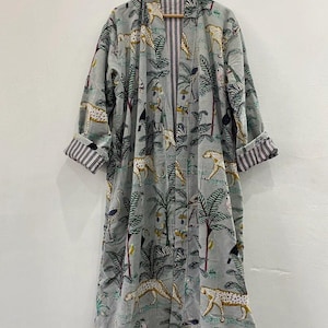 Cotton Velvet Kimono Gown tiger Print Gift For Her Inside Lining Green Color