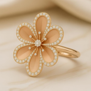 Rose gold flower ring diamond accents floral statement ring dainty petal jewelry elegant gift for her