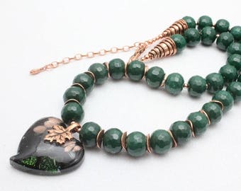 Emerald Green Agate and Copper Necklace with Heart, Murano Heart, Green and Copper, Bead Necklace, Adjustable Length, May Birthday Gift