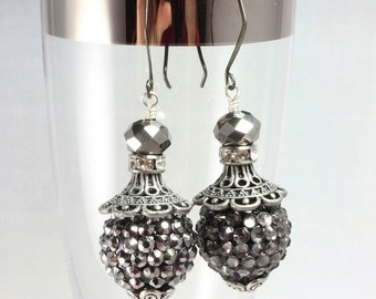 Silver Dangle Earrings - Silver Black - Pave Bead Earrings - New Years Eve Jewelry - Prom Jewelry