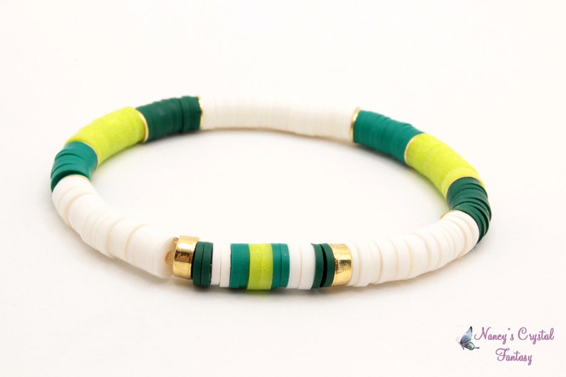 St. Patrick's Day Clay Bead Bracelet, Stack Stretch Bracelets, Trending Jewelry, St. Patrick's Day Colors Green and white