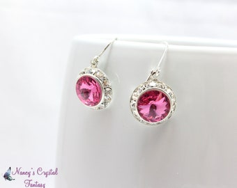 Rose Pink Swarovski Crystal Earrings, Pink Crystals , Swarovski Rivoli Crystals, Bridesmaid Jewelry, October Birthstone, Prom