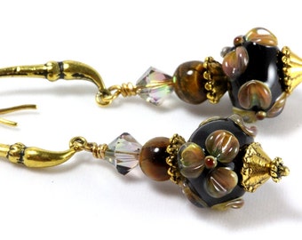 Black Floral Lampwork Earrings, Brown Flowers, Tigers Eye, Fine Austrian Crystals