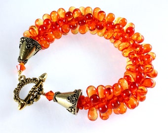 Kumihimo Czech Teardrop Bracelet, Fire Opal