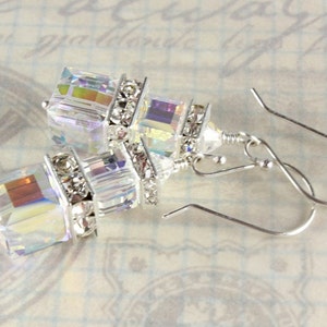 Swarovski Crystal Earrings, Aurora Borealis Earrings, Crystal Cube Earrings, Fine Silver, Bridal Earrings, April Birthstone image 2