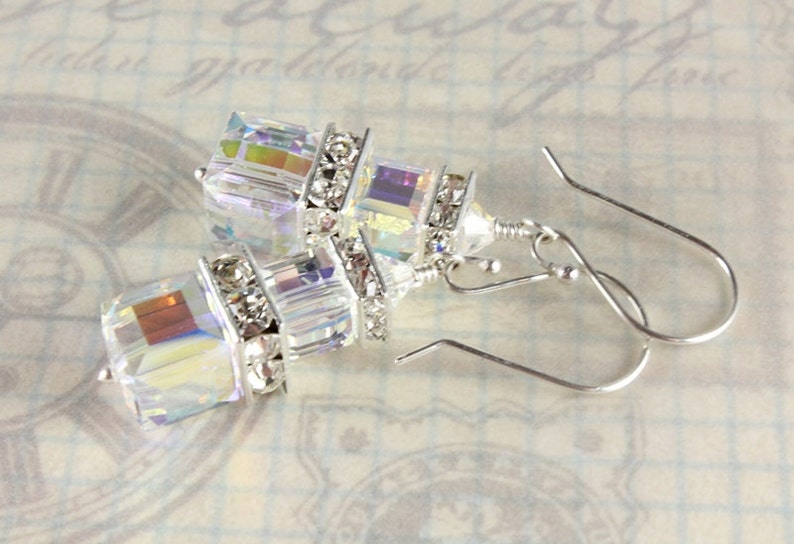 Swarovski Crystal Earrings, Aurora Borealis Earrings, Crystal Cube Earrings, Fine Silver, Bridal Earrings, April Birthstone image 2