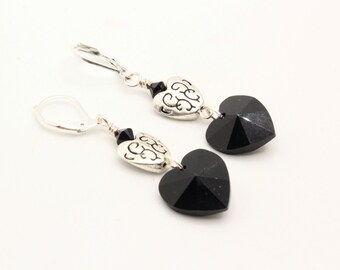 Jet Swarovski Heart Dangle Earrings with Silver Etched Design Hearts