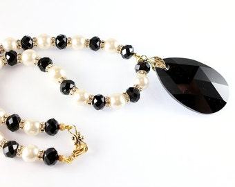 Cream Pearl and Black Crystal Necklace, Swarovski Drop Pendant, Bead Necklace, Bridal, Prom, Mothers Day, New Year's Eve