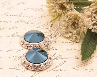 Metallic Blue Swarovski Crystal Halo Earrings, Swarovski Rivoli Crystals, September Birthstone, Wedding Earrings, Bridesmaid Jewelry