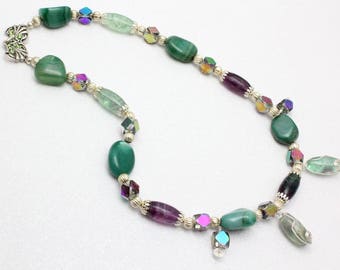 Rainbow Fluorite Necklace with Crystal - Semiprecious Gemstone Necklace - Gift for Her