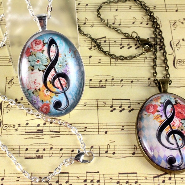 Treble Clef Pendant, Oval Glass Cabochon Pendant, Musical Necklace, Digital Image