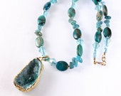 Aqua Druzy Crystal Pendant - Variscite, Agate, and Crystal Necklace - Gold Filled - Gemstone Necklace