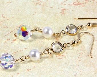 White Swarovski Pearl and Crystal Long Dangle Earrings, June Birthday Gift, Bridal Earrings, Gold Filled Ear Wires