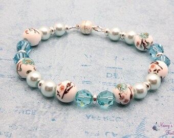 Blue Bracelet with Ceramic Flower Beads, Blue Pearls, Blue Swarovski Crystals, Magnetic Clasp Bracelet