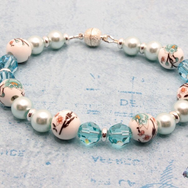 Blue Bracelet with Ceramic Flower Beads, Blue Pearls, Blue Swarovski Crystals, Magnetic Clasp Bracelet