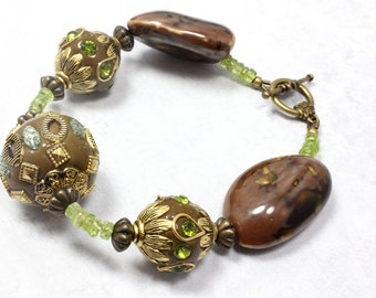 Natural Peridot and Kashmiri Artisan Beads Vintage Style Bracelet, August Birthday Gift, Peridot Green and Brown, Artisan Beads