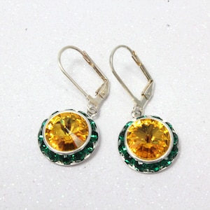 Green and Gold Dangle Earrings, Fine Austrian Crystal Earrings, Rivoli Lever Back Earrings, Green and Gold School Colors, Game Day Earrings image 1