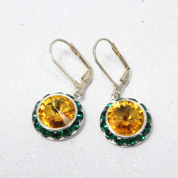 Green and Gold Dangle Earrings, Fine Austrian Crystal Earrings, Rivoli Lever Back Earrings, Green and Gold School Colors, Game Day Earrings