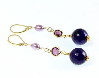 Amethyst and Pearl Earrings, Amethyst Earrings, Long Dangle, February Birthstone, Purple and Gold, Swarovski Crystals