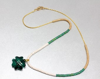 St. Patrick's Day Necklace, St. Patrick's Day Jewelry, Seed Bead Color Block Necklace, Shamrock Pendant, Swarovski Shamrock