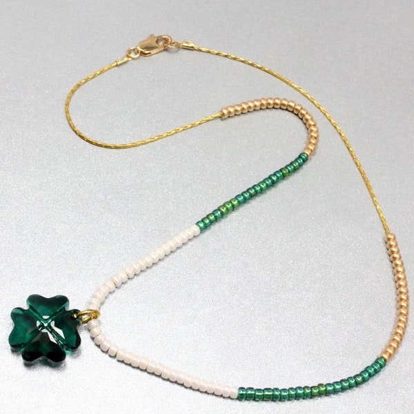 St. Patrick's Day Necklace, St. Patrick's Day Jewelry, Seed Bead Color Block Necklace, Shamrock Pendant, Swarovski Shamrock