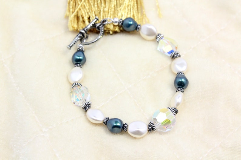 Winter Pearl and Crystal Bracelet With Iridescent Tahitian and White Baroque Pearls from Swarovski, June Birthstone, Winter Storm Bracelet image 4