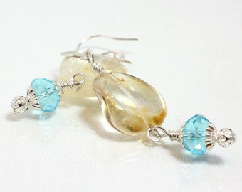 November Birthstone Earrings, Citrine Dangle Earrings, Natural Citrine, Sterling Silver, Blue Crystal