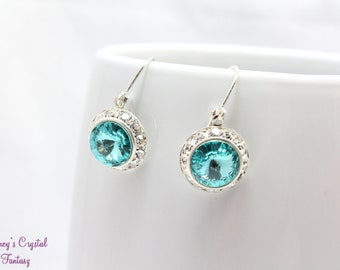 Light Turquoise Fine Austrian Crystal Earrings, Robins Egg Blue , Fine Austrian Rivoli Crystals, Bridesmaid Jewelry, March Birthstone