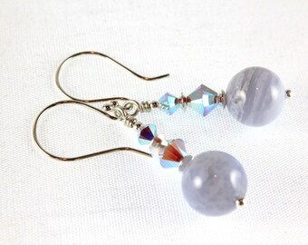 Blue Lace Agate With Swarovski Crystals Earrings, Sterling Silver, March Birthday Gift, Light Blue Earrings, Gemstone Earrings