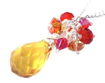 Yellow Crystal Pendant, Cluster Pendant, Faceted Briolette Crystal, Faceted Wire Wrapped Crystal, Sunset Colors, November Birthstone