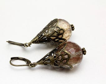 Sunstone Earrings, Vintage Look Earrings, Antique Bronze, Golden Earrings