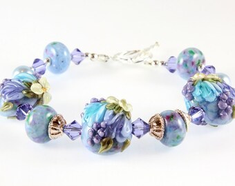 Lavender and Blue Lampwork Bracelet, Sterling Silver, Tulips and Hyacinths, Spring Flowers, Floral Bracelet, Spring Bracelet