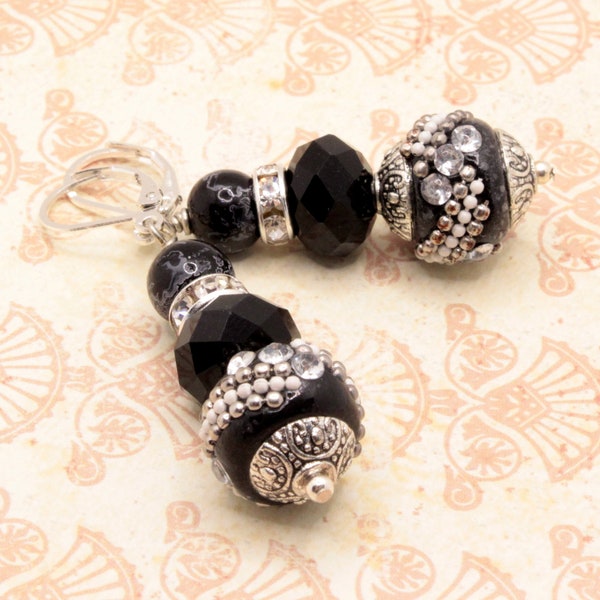 Black and Silver Dangle Statement  Earrings, Artisan Bead Earrings, Kashmiri Beads, Snowflake Obsidian Beads, Lever Backs