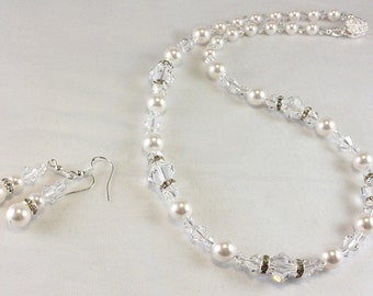 White Austrian Pearl and Crystal Necklace and Earrings, Bridal Jewelry, June Birthday