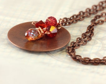 Copper and Crystal Pendant, Hammered Copper Disc, Copper and Crystal Necklace, Austrian Crystals