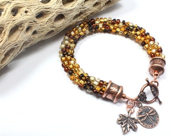 Autumn Kumihimo Bracelet, Copper, Charms, Beaded Kumihimo, Fall Colors, Leaf Charm, Dragonfly Charm, Woodland Bracelet, Czech Seed Beads