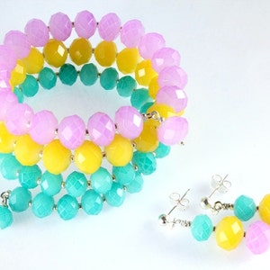 Pastel Memory Wire Bracelet and Earrings, Opaque Crystals, Spring, Easter image 2