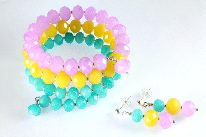 Pastel Memory Wire Bracelet and Earrings, Opaque Crystals, Spring, Easter image 2