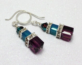 Purple and Teal Blue Earrings, Fine Austrian Crystal Earrings, Austrian Crystal Cubes, Amethyst and Caribbean Blue Opal, Fine Silver
