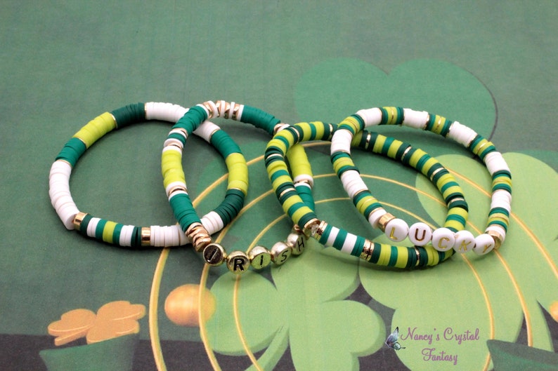 St. Patrick's Day Clay Bead Bracelet, Stack Stretch Bracelets, Trending Jewelry, St. Patrick's Day Colors All Four
