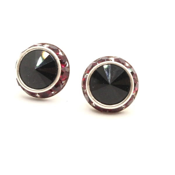 Red and Black Austrian Rivoli Crystal Button Style Earrings, Red and Black School Colors, Stud Earrings with Posts or Clip-ons