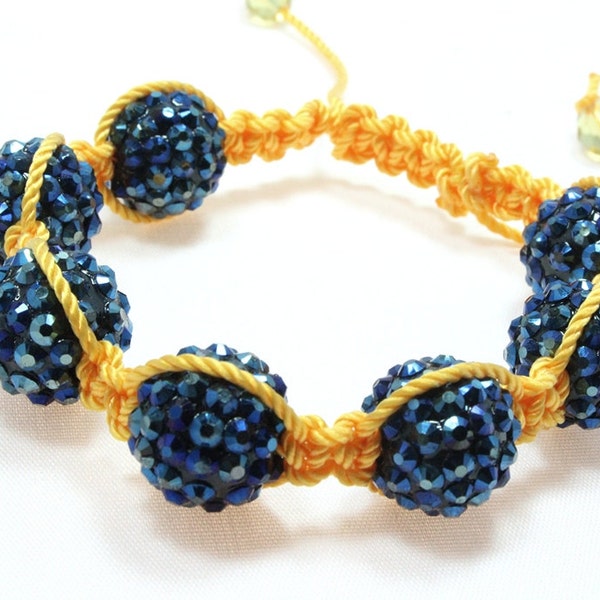 Disco Bead Macrame Bracelet, Blue and Gold, Basketball Wives Beads, Pave Beads, Crystal Ball Beads