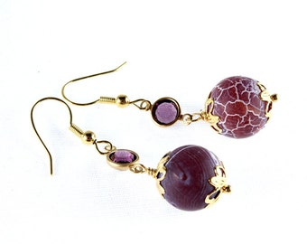 Frosted Purple Agate Earrings, Swarovski Crystal