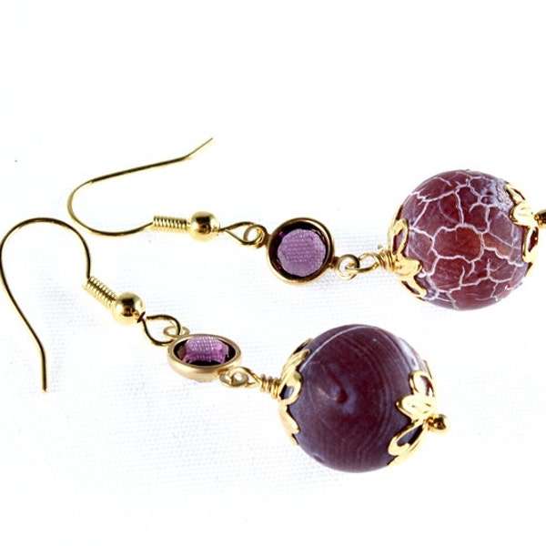 Frosted Purple Agate Earrings, Swarovski Crystal